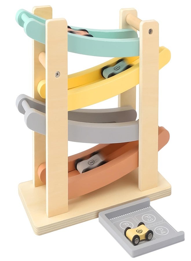 Joyreal Montessori Toys for 1 2 Year Old Boys and Girls - Soft Color Wooden Car Ramp Race Track Set with 4 Mini Cars & Garage - Christmas Birthday Gifts for Toddlers 1-3 Year Old - Image 1